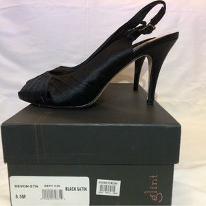 Glint satin open toe sling back. Worn once, like new in box with bag.